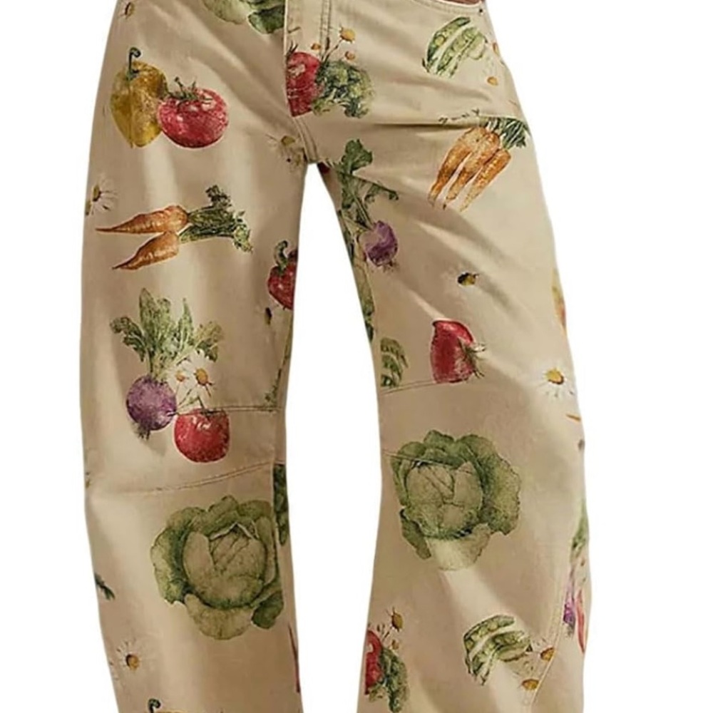 Beige Pants with Colorful Vegetable Print